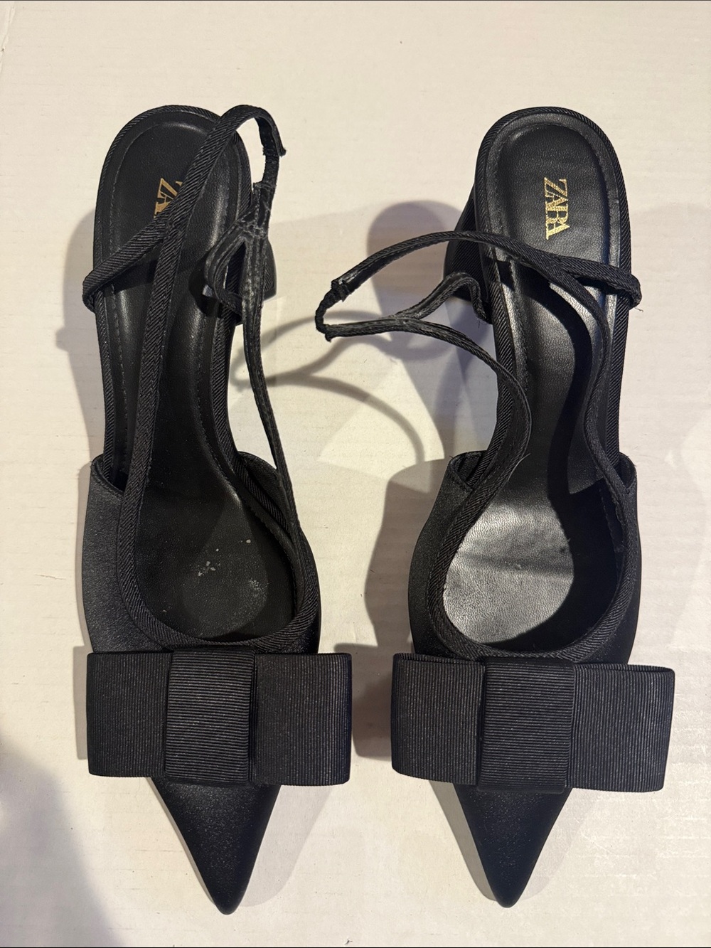 ZARA Black Pointed Slingback Heels with Bow Detail